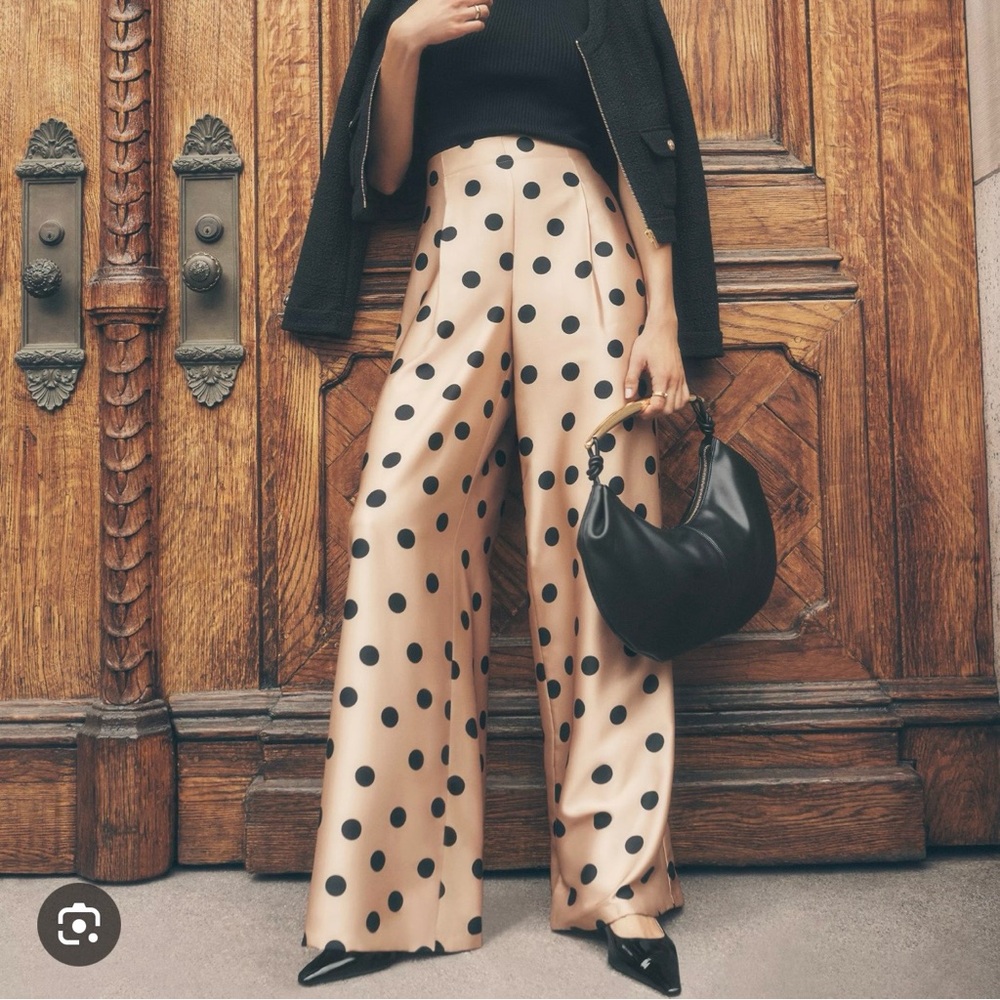 Ann Taylor Beige Satin Wide-Leg Polka Dot Pants